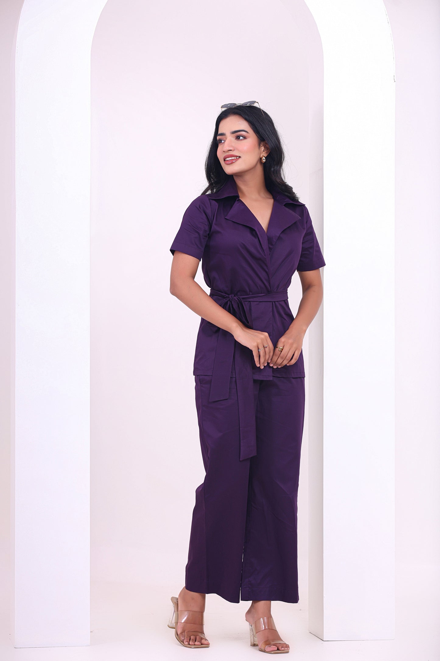 Royal Purple Kimono Top with Belt and Pants Set