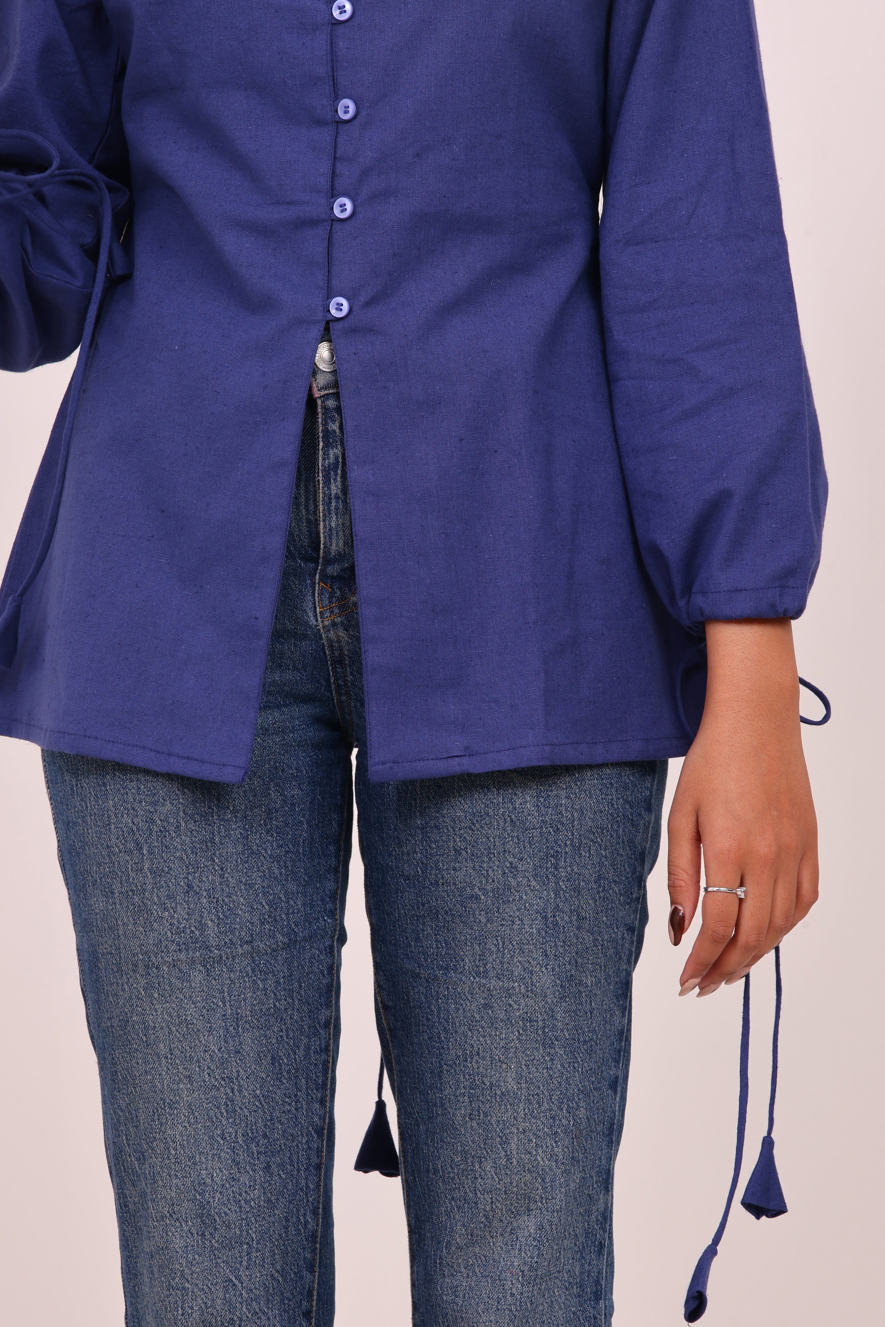 Royal Blue Button-up Tunic Top with Tassels