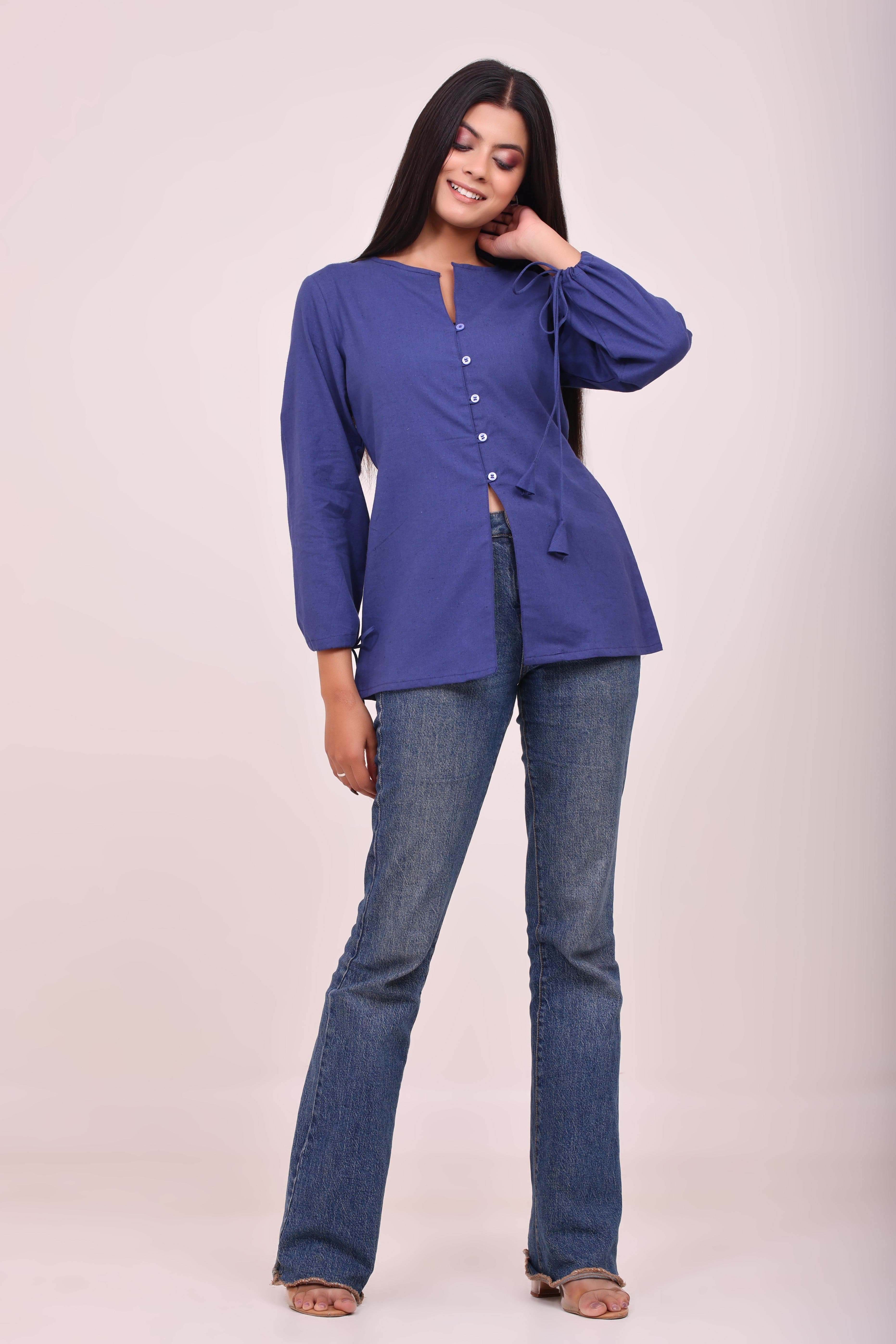 Royal Blue Button-up Tunic Top with Tassels