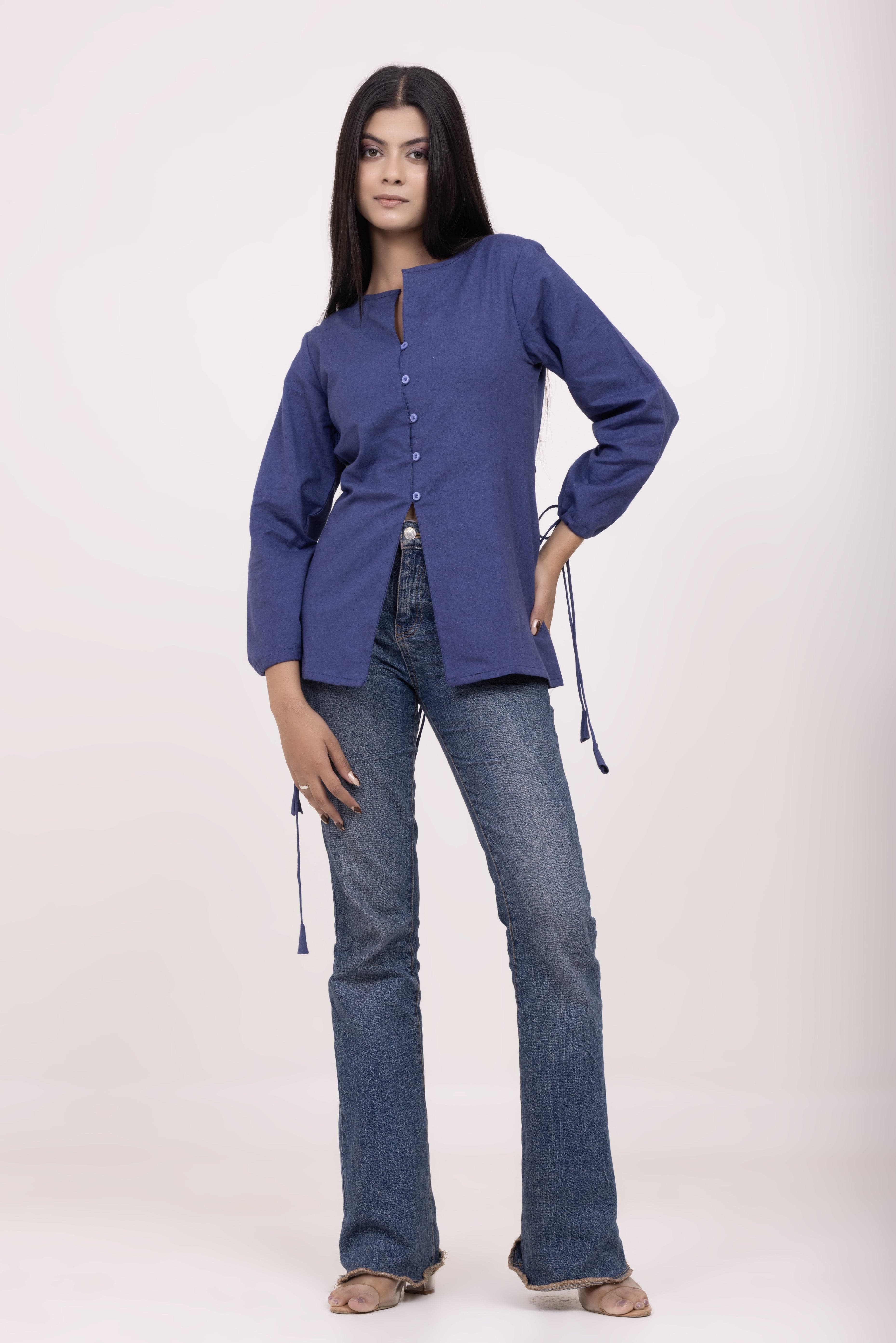 Royal Blue Button-up Tunic Top with Tassels