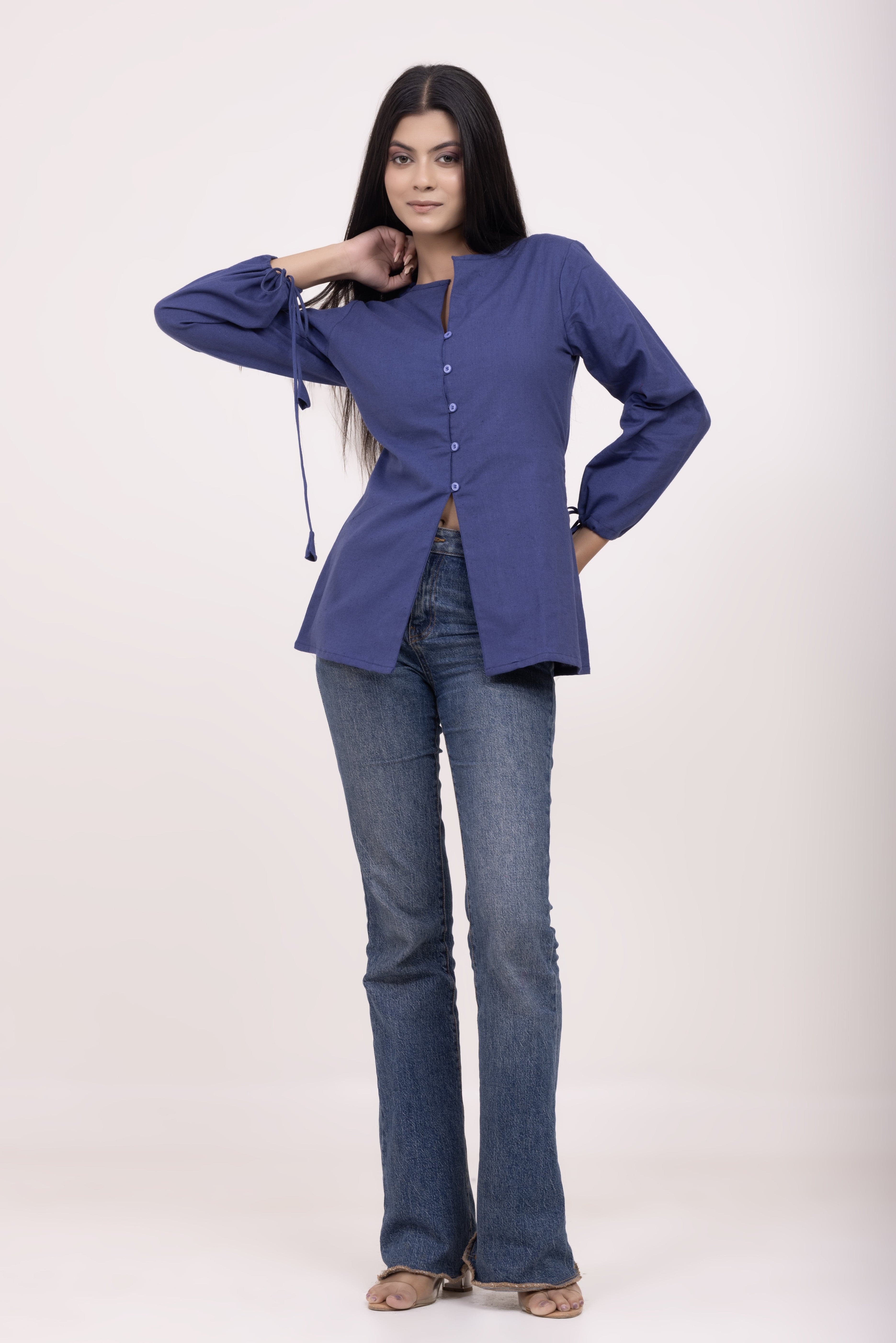 Royal Blue Button-up Tunic Top with Tassels