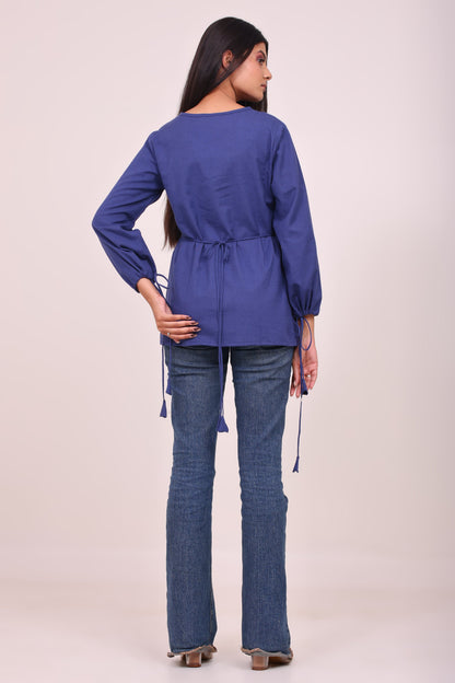 Royal Blue Button-up Tunic Top with Tassels