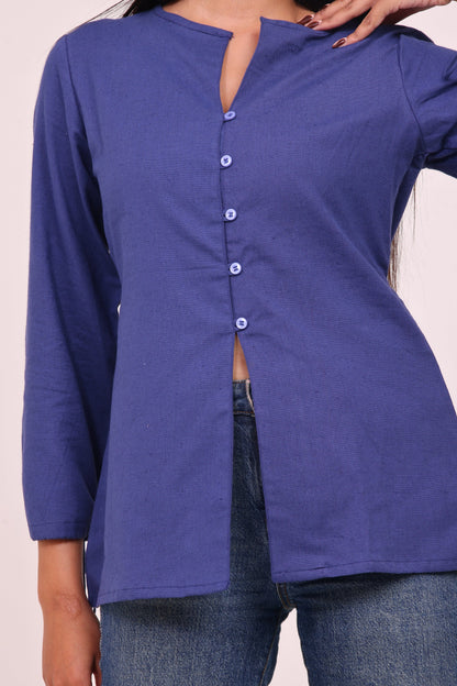 Royal Blue Button-up Tunic Top with Tassels