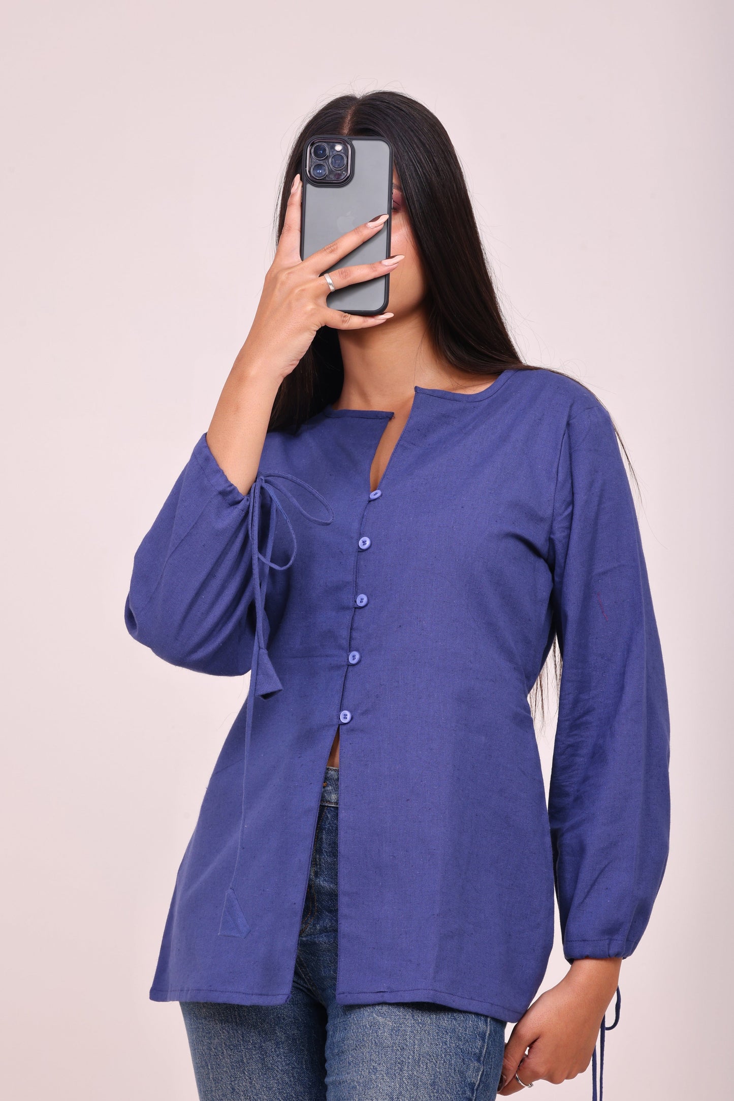 Royal Blue Button-up Tunic Top with Tassels