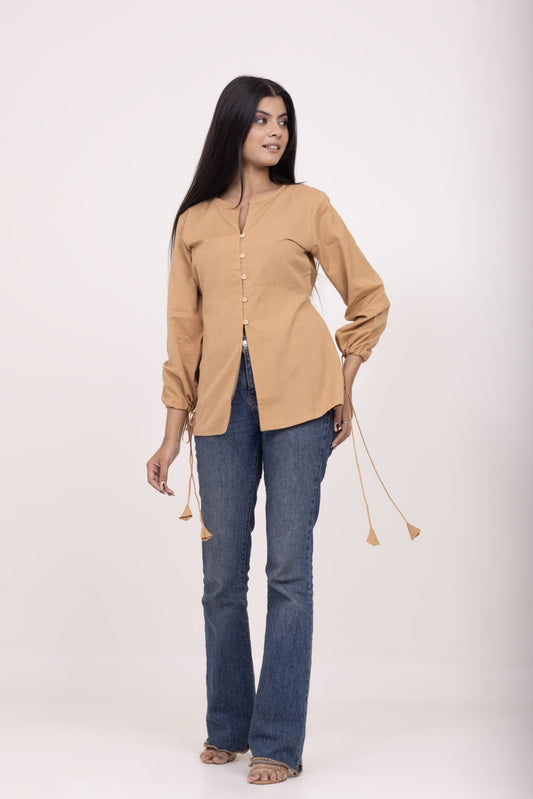 Brown Button-up Tunic Top with Tassels