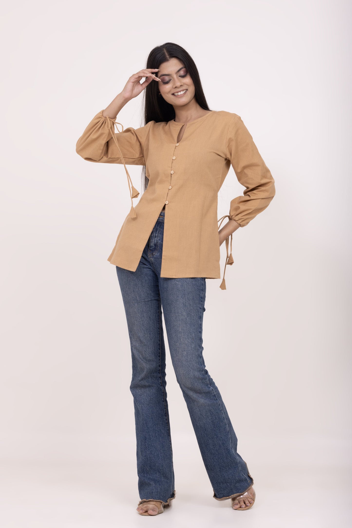 Brown Button-up Tunic Top with Tassels