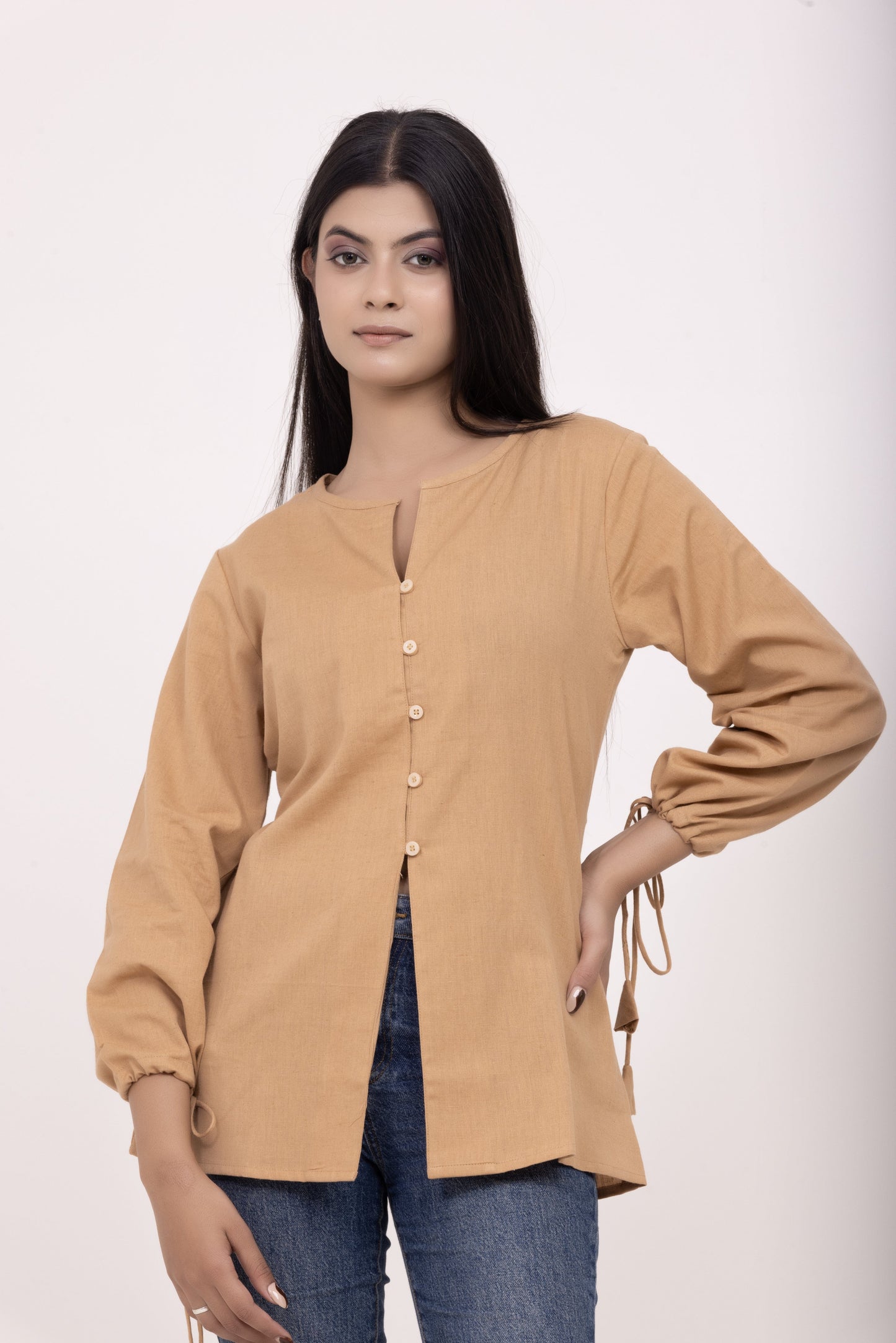 Brown Button-up Tunic Top with Tassels