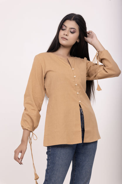 Brown Button-up Tunic Top with Tassels