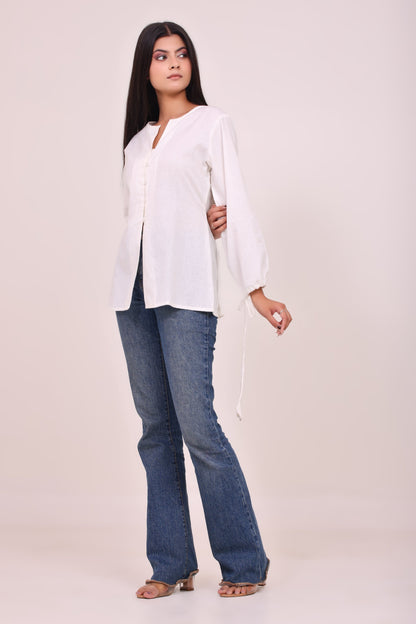 White Button-up Tunic Top with Tassels