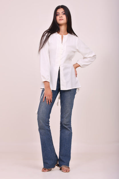 White Button-up Tunic Top with Tassels