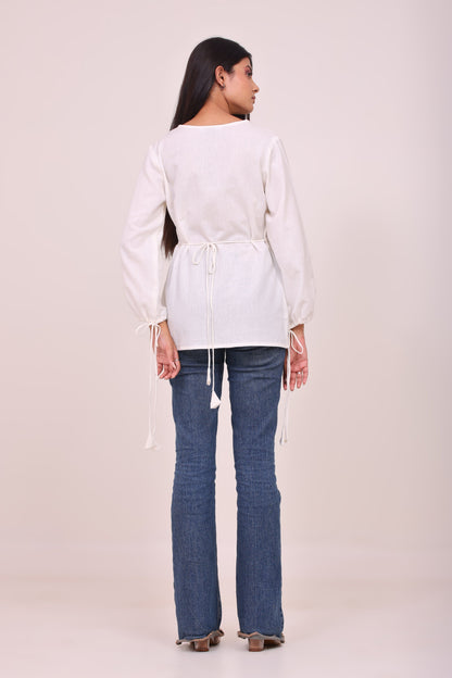 White Button-up Tunic Top with Tassels