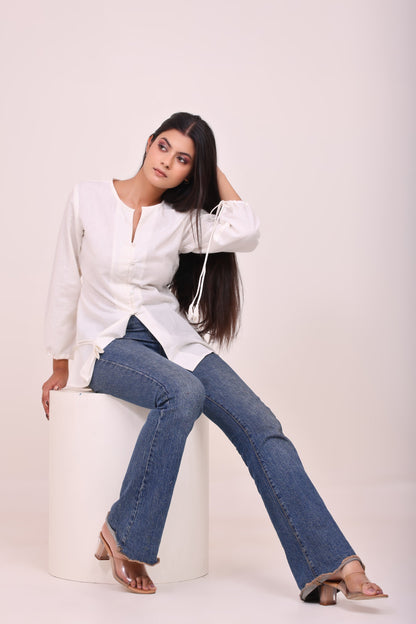 White Button-up Tunic Top with Tassels