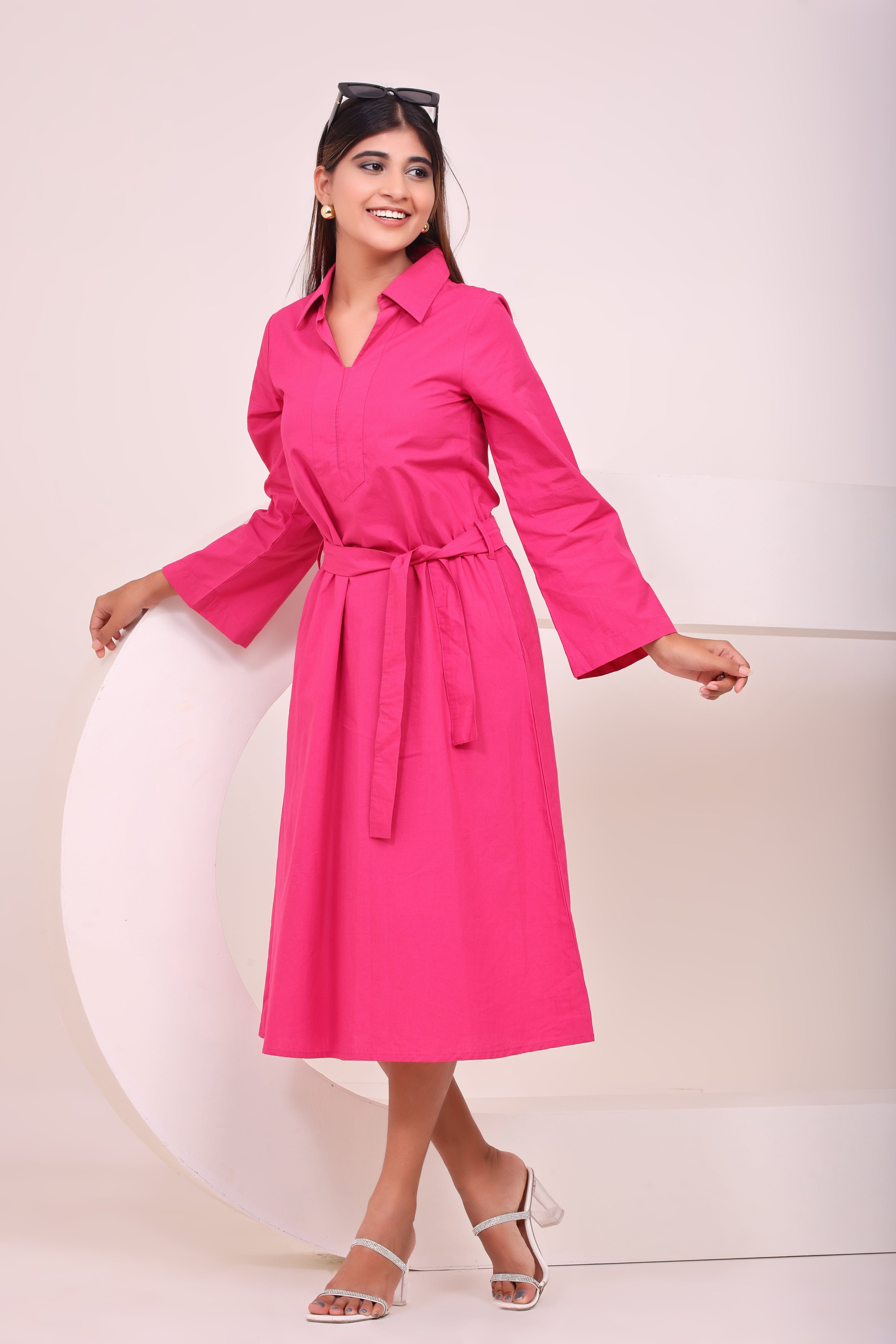 Classic Belted Tunic Dress - Pink