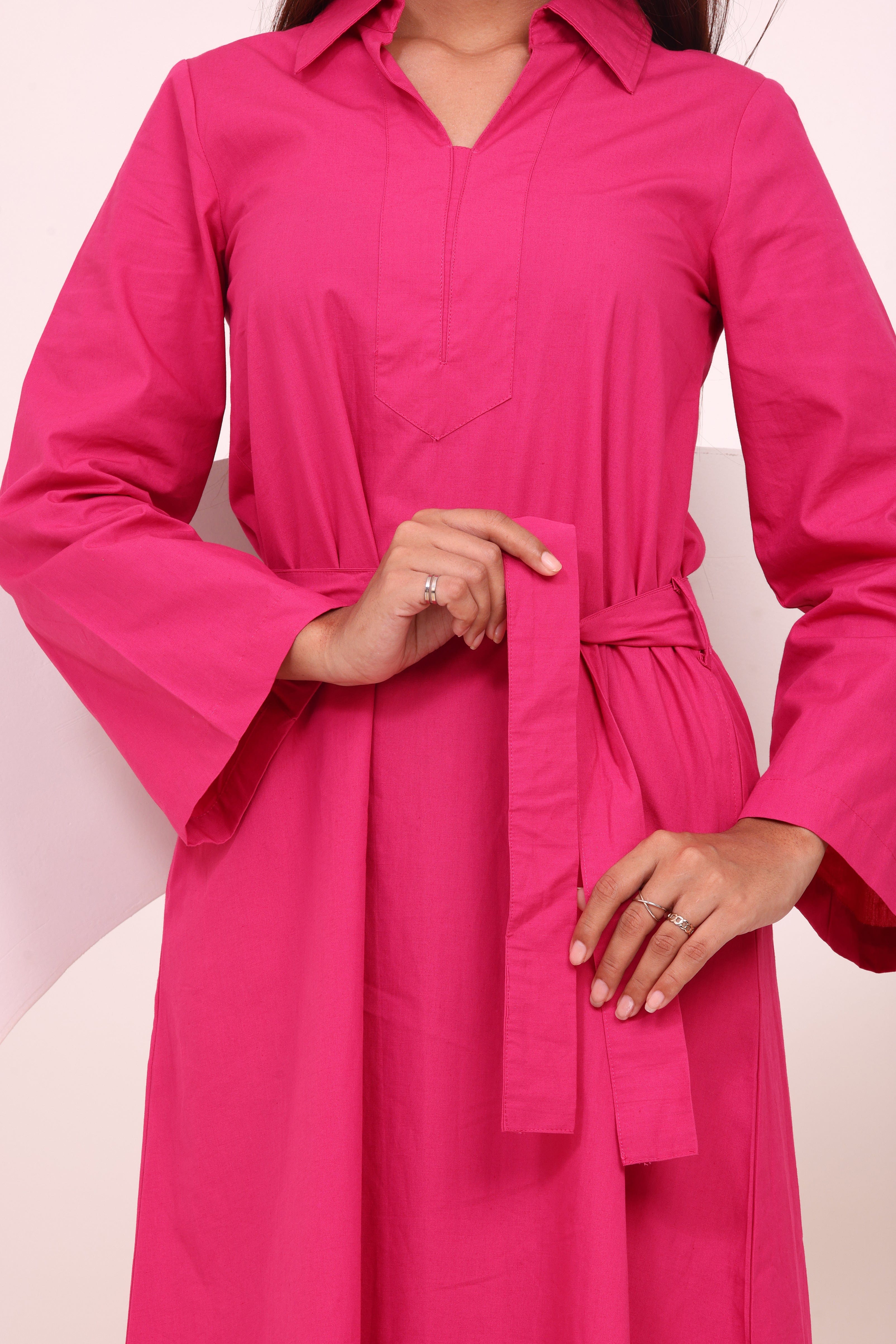 Classic Belted Tunic Dress - Pink