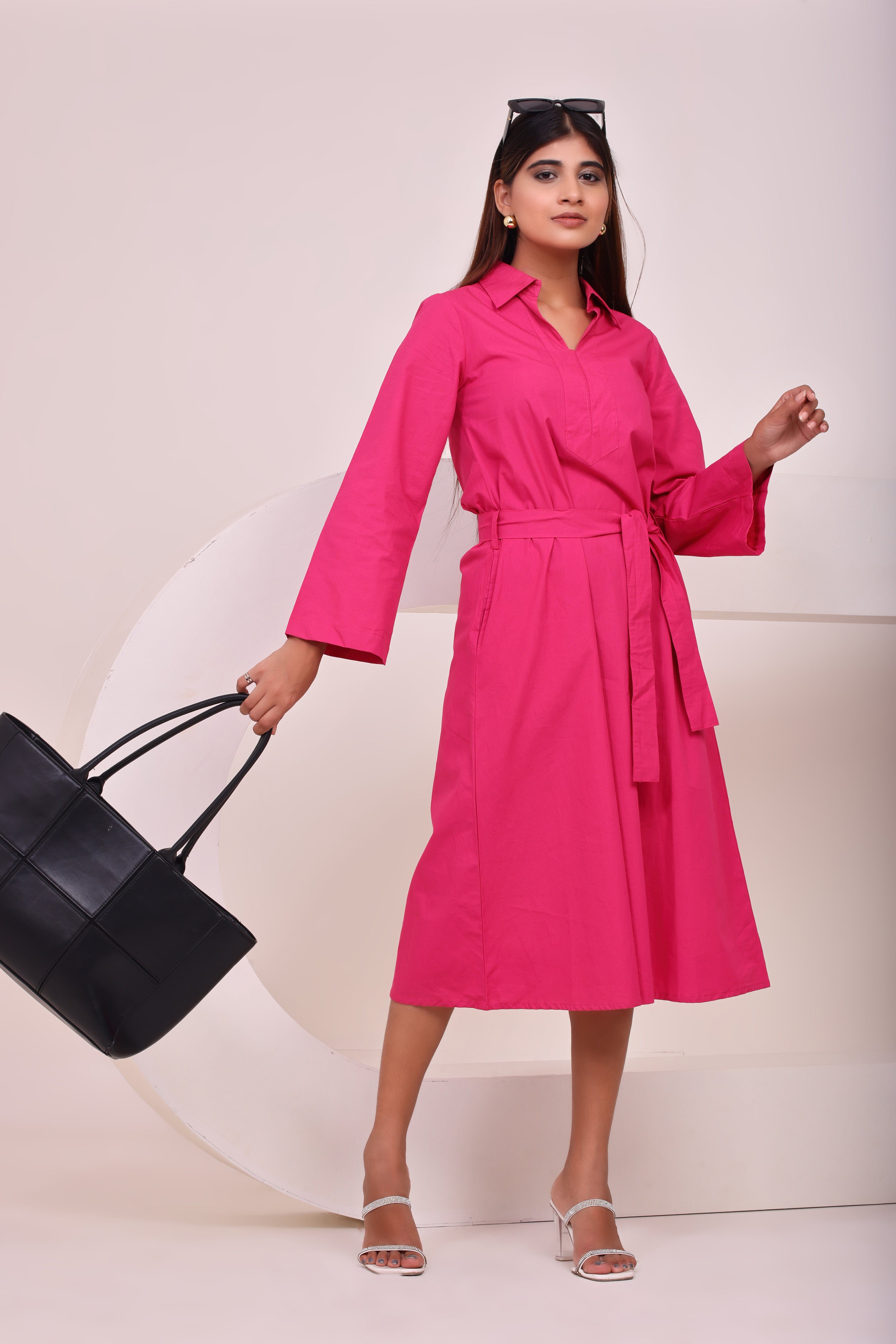 Classic Belted Tunic Dress - Pink