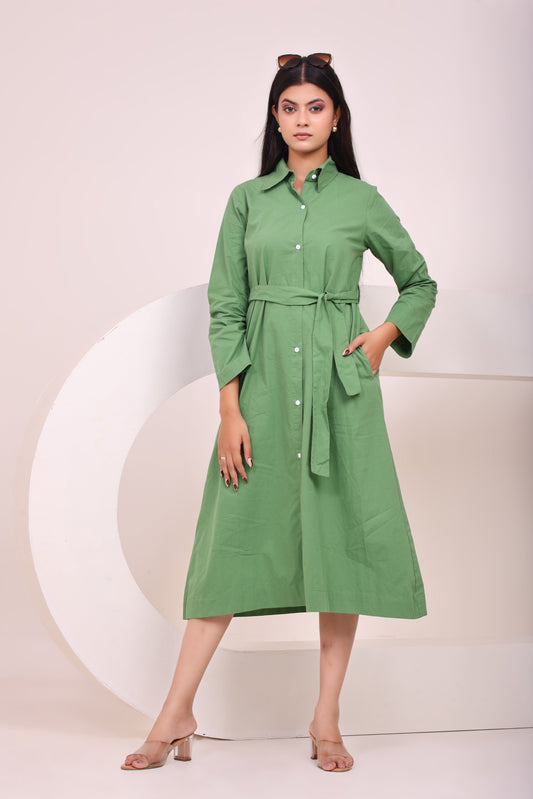 Classic Belted Shirt Dress - Sage Green