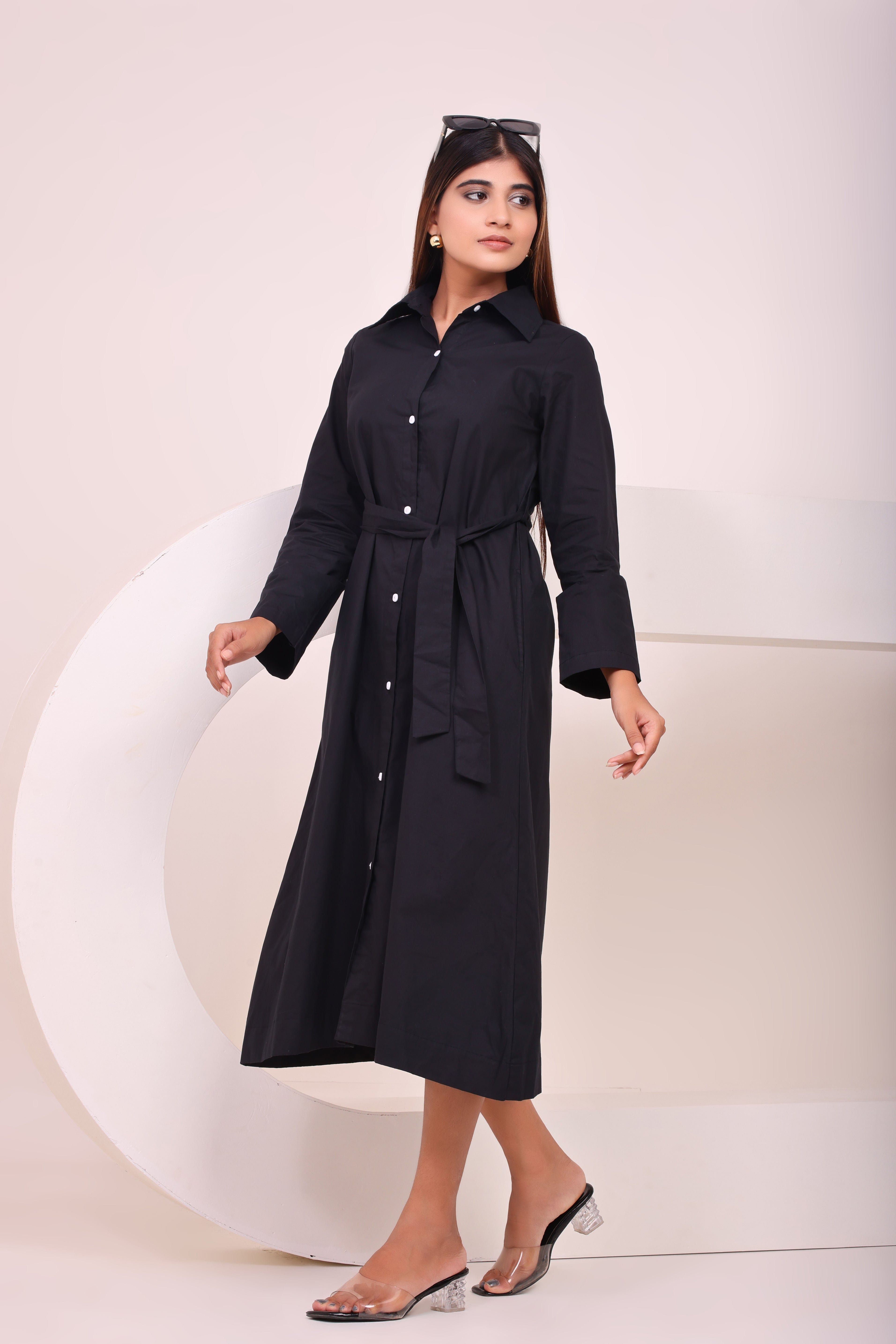 Classic Belted Shirt Dress - Black