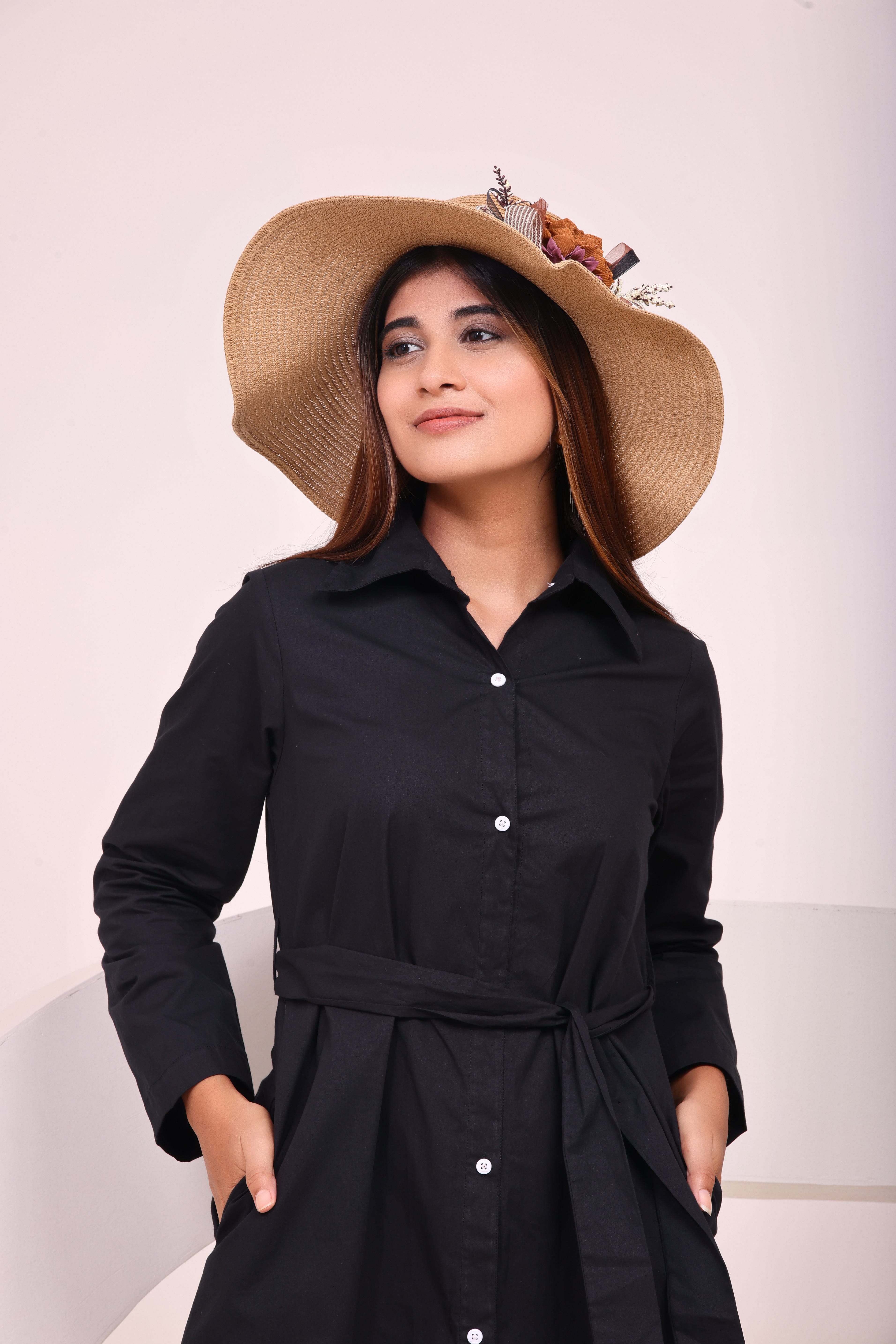 Classic Belted Shirt Dress - Black