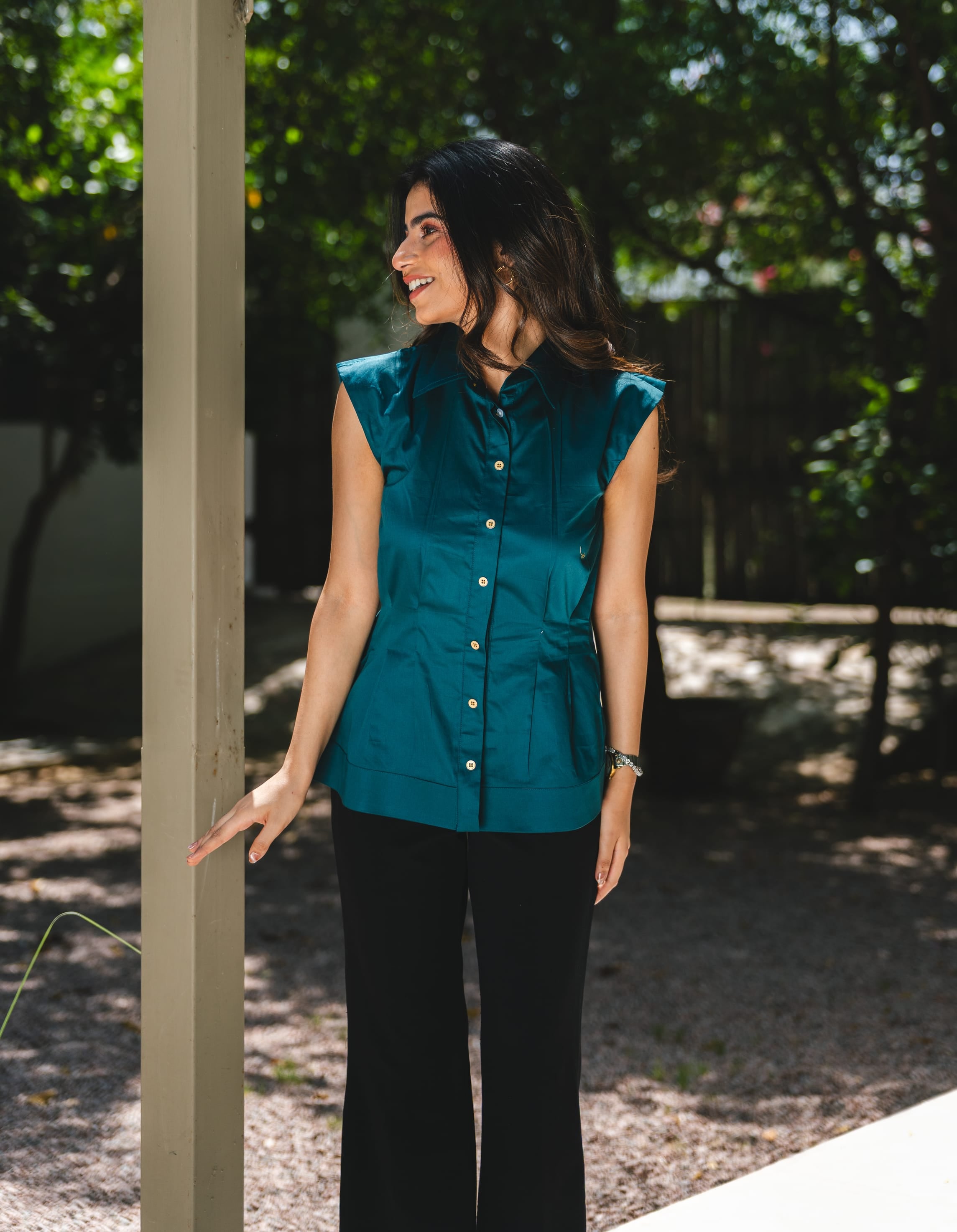 Cotton Satin Clinched Waist Top - Teal