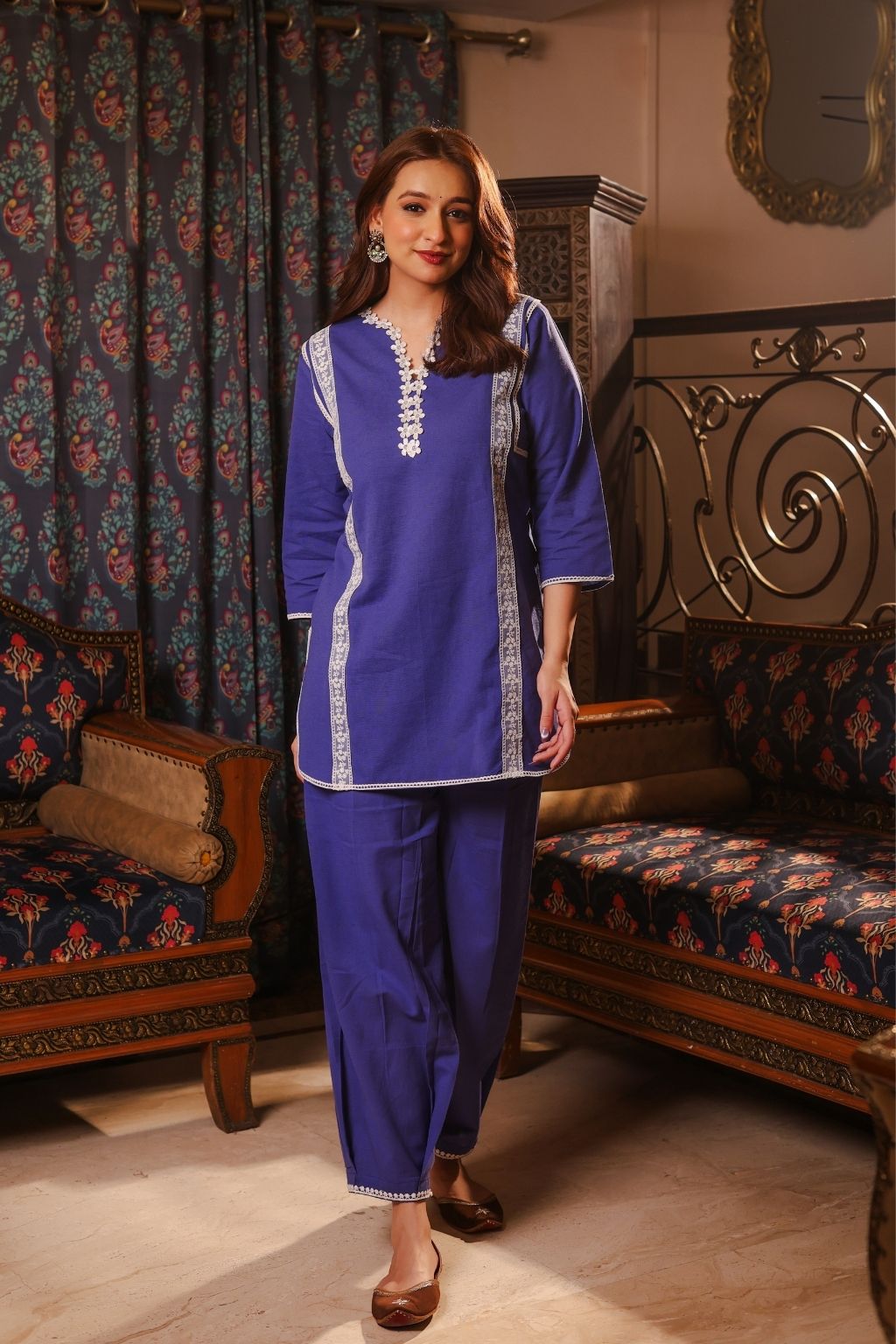 Meher cotton linen lace co ord set- blue