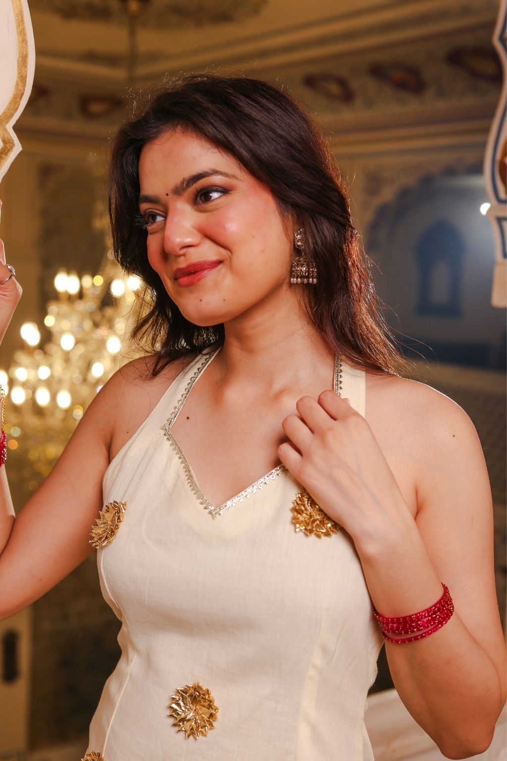 bebo cotton halter gotapatti kurti with necktie- cream