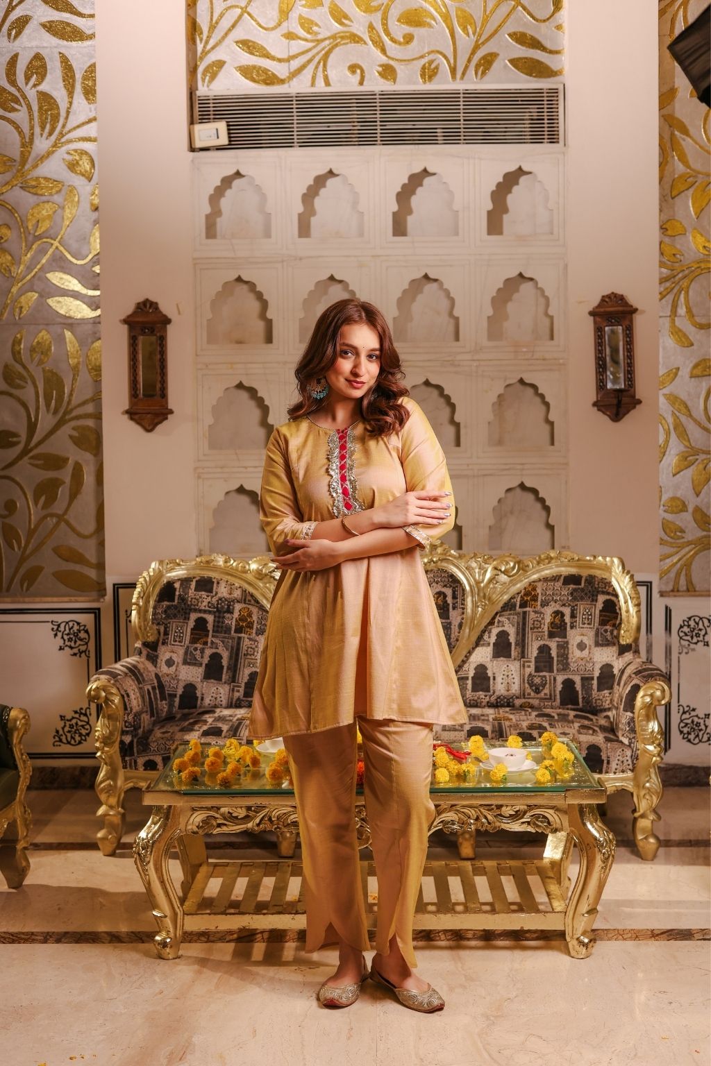 Champagne silk short kurti with tulip pants
