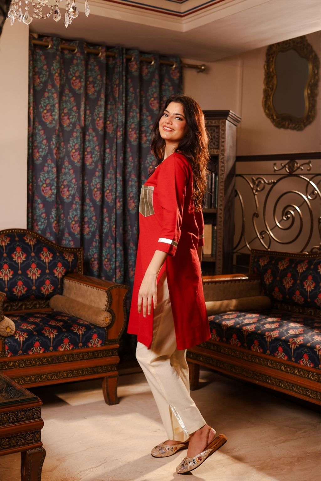 Noor cotton linen gota patti kurti co ord- red
