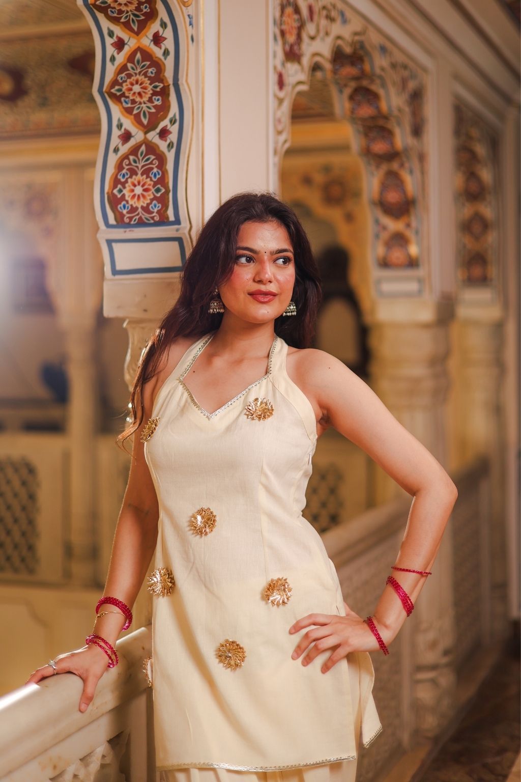 bebo cotton halter gotapatti kurti with necktie- cream