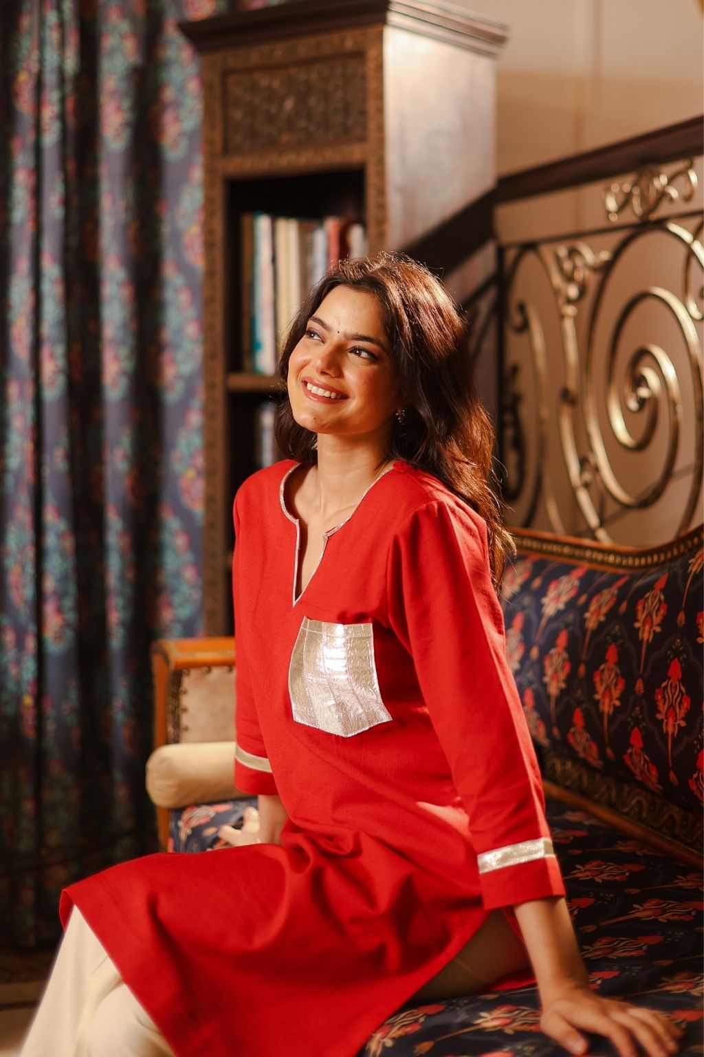 Noor cotton linen gota patti kurti co ord- red