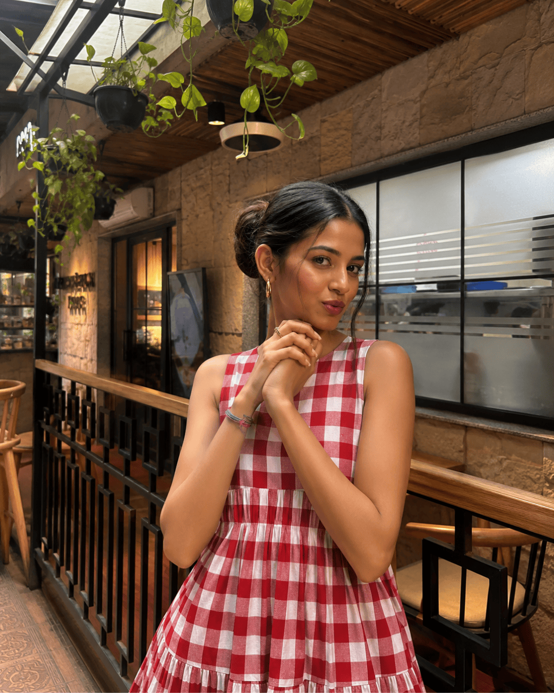Classic A-Line Gingham Dress - White & Red