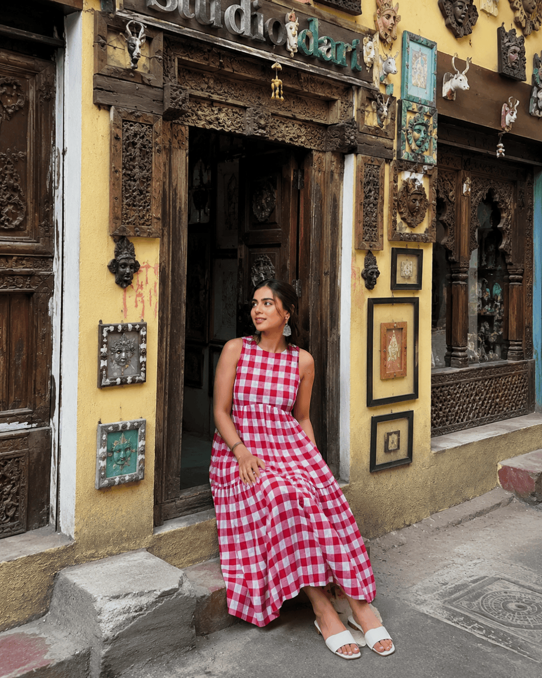 Classic A-Line Gingham Dress - White & Red