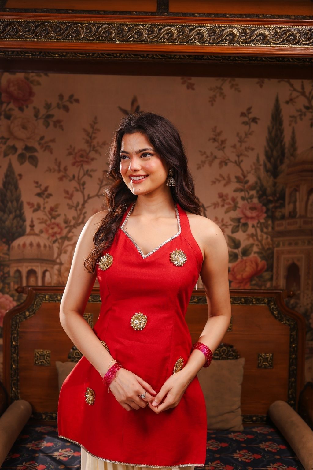 Bebo cotton halter gotapatti kurti with necktie - red