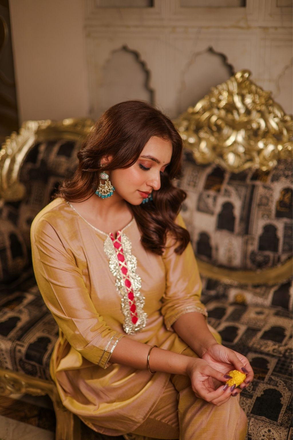 Champagne silk short kurti with tulip pants