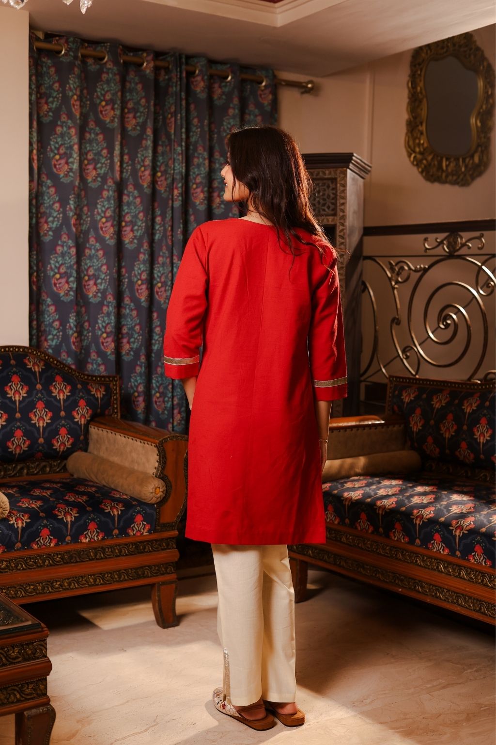 Noor cotton linen gota patti kurti co ord- red