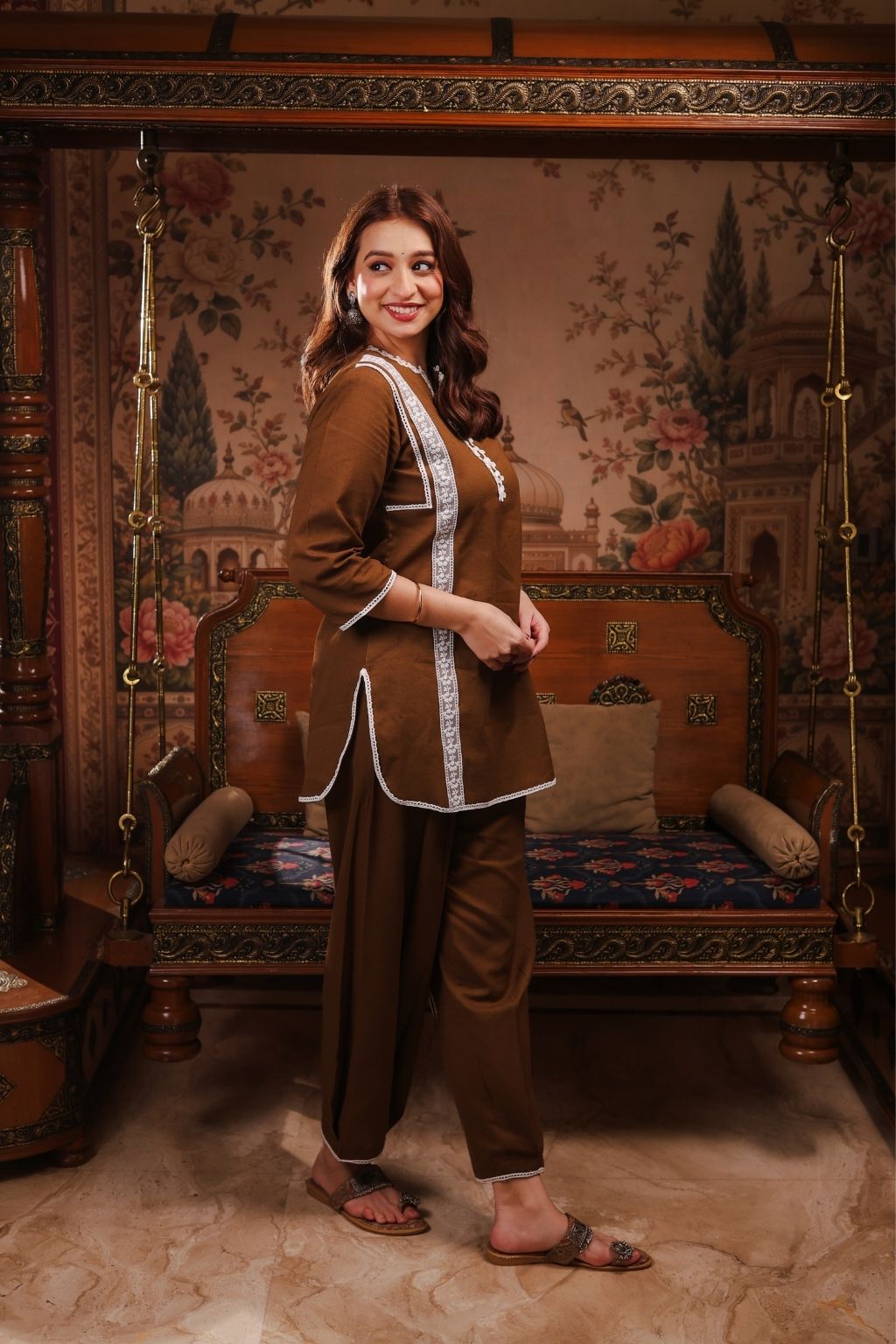Meher cotton linen lace co ord set- brown
