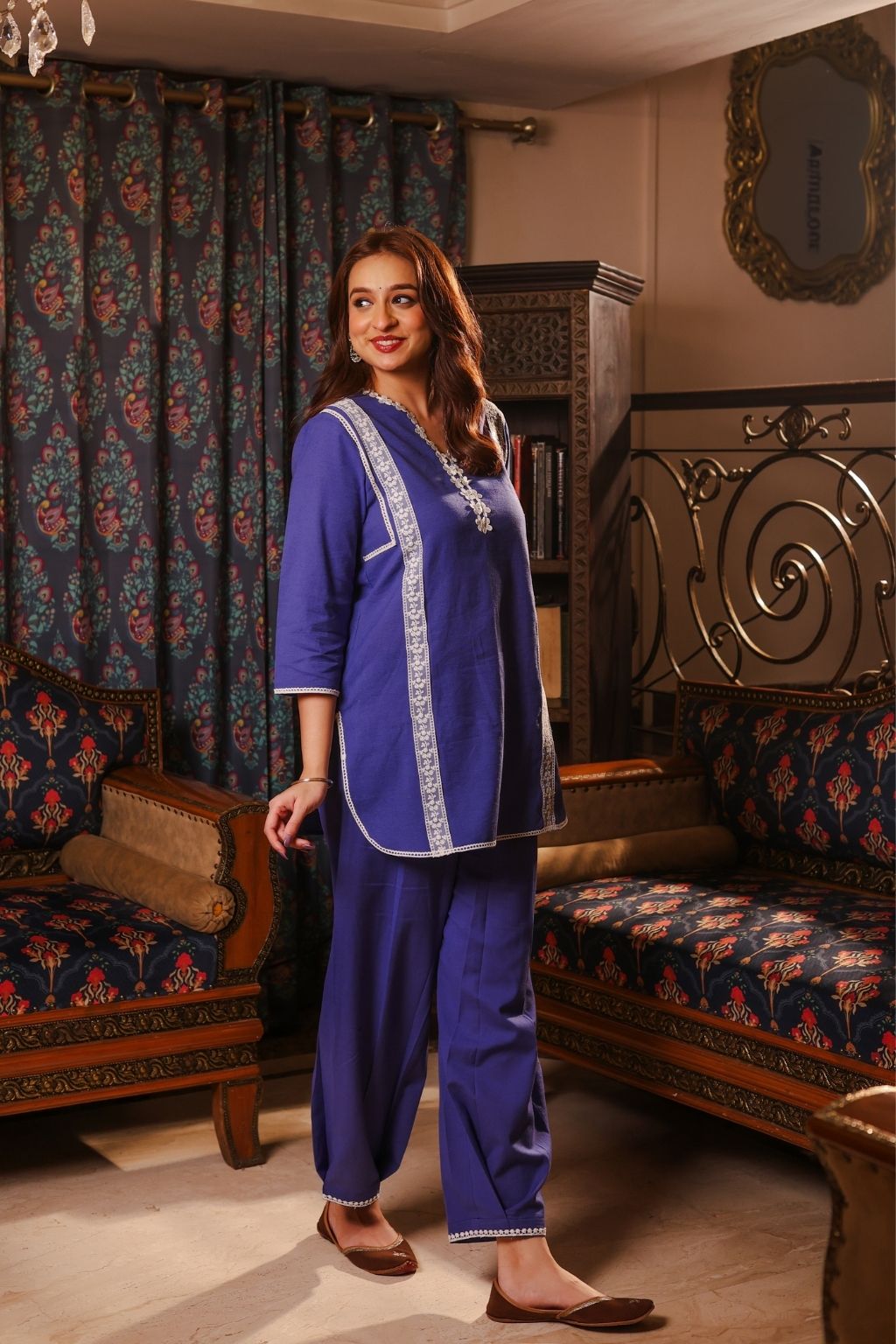 Meher cotton linen lace co ord set- blue