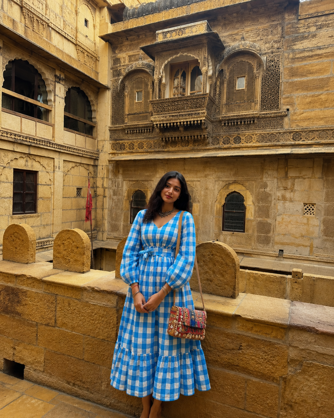 Gingham Full Dress - Blue