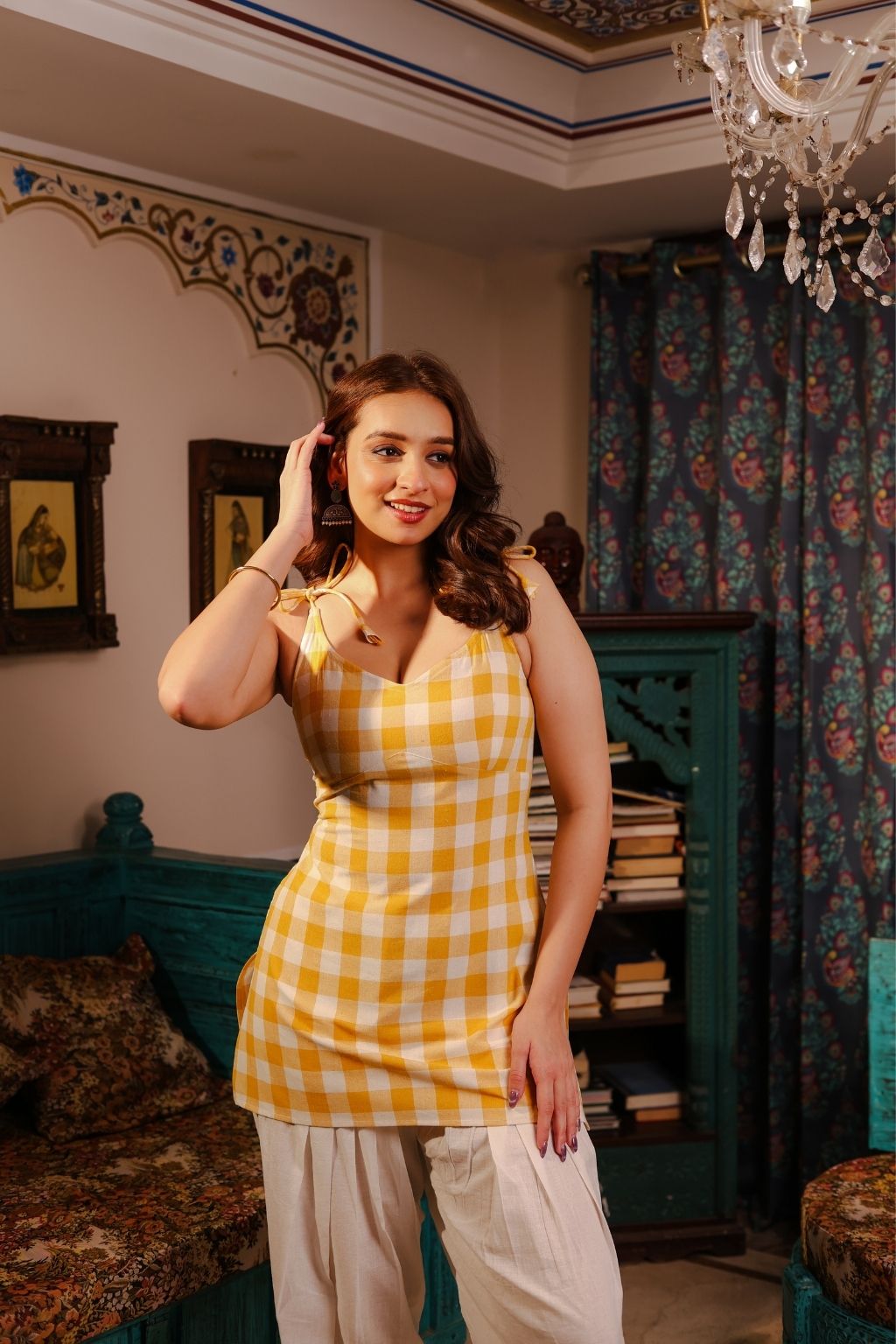 gingham tie up shoulder corset kurti- orange