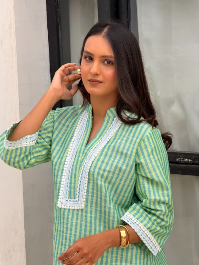Cotton Striped Co-ord Set with Lace Detail - Green