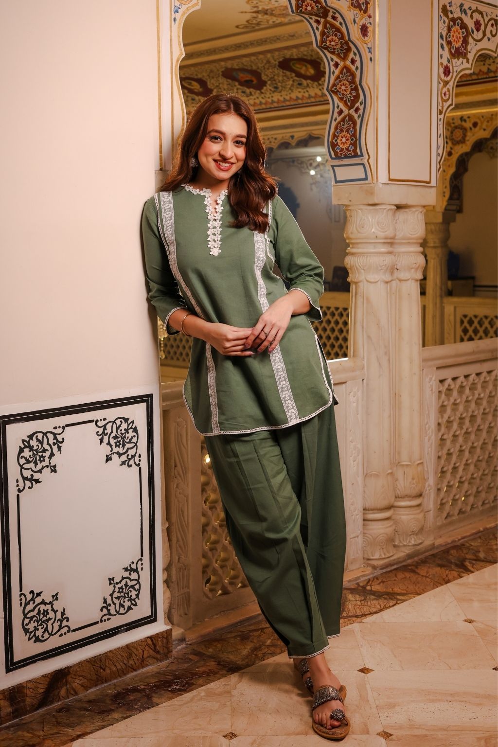 Meher cotton linen lace co ord set - sage green