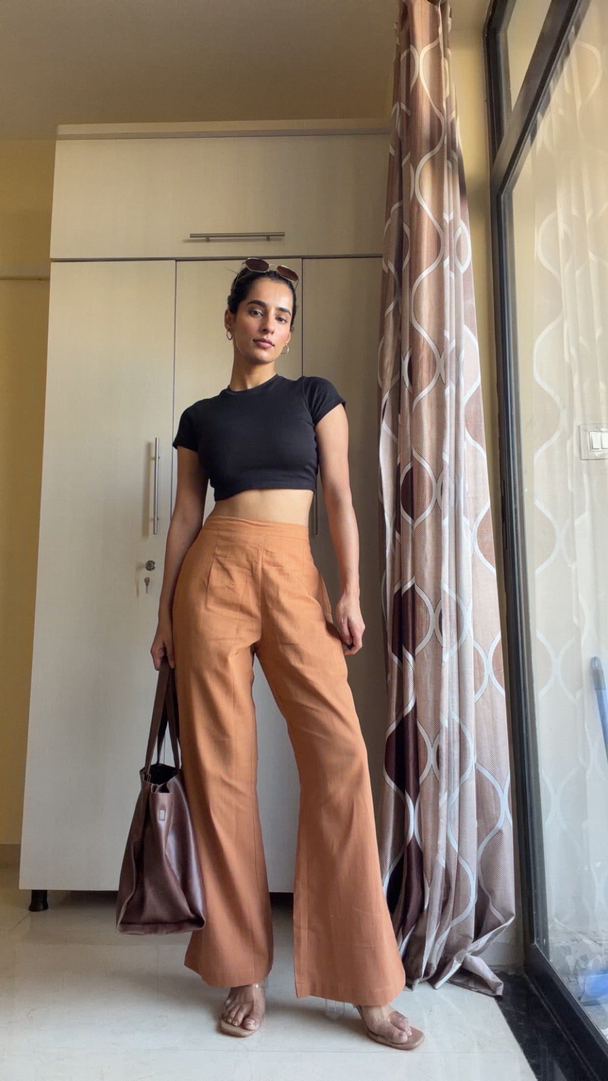 Cotton Linen Flared Pants - Camel