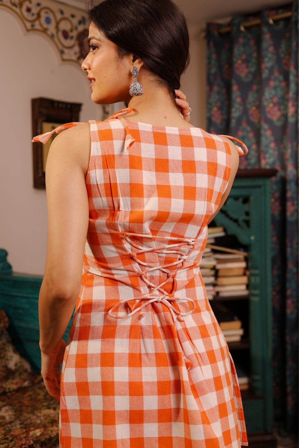 Gingham tie up shoulder corset kurti- Miranda