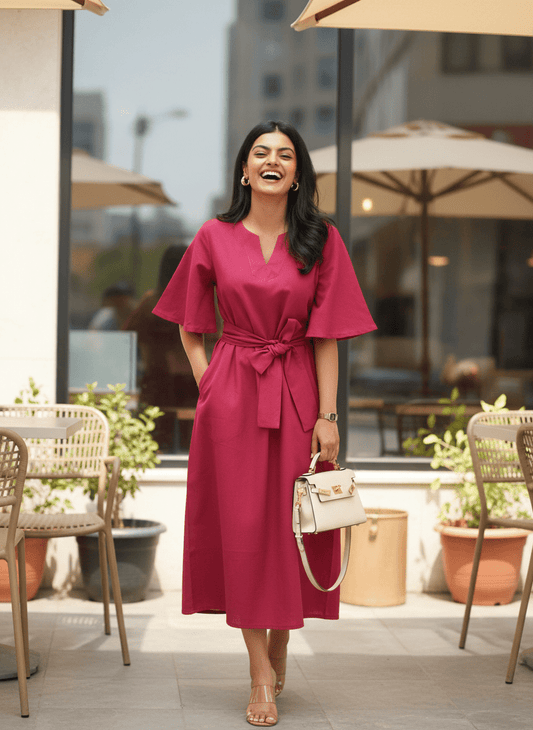 Tie-up Midi Dress - Hot Pink