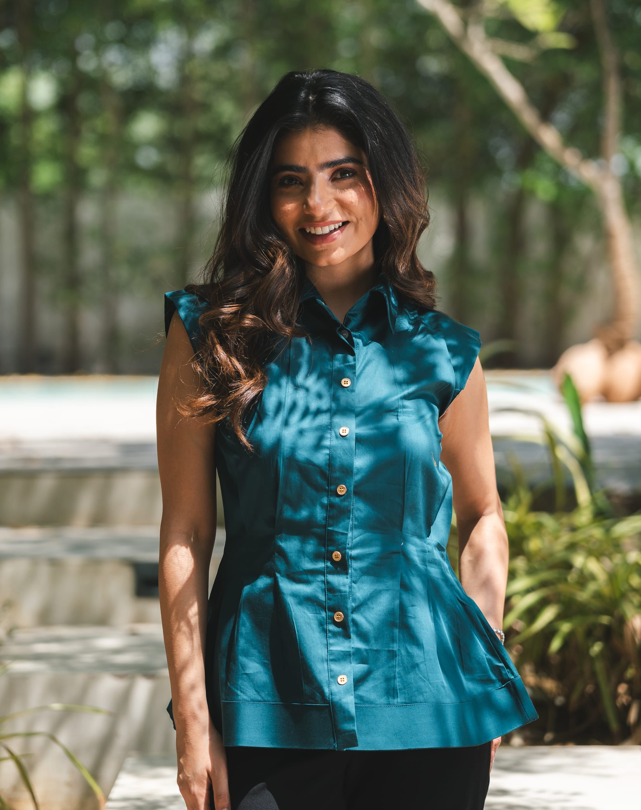 Cotton Satin Clinched Waist Top - Teal