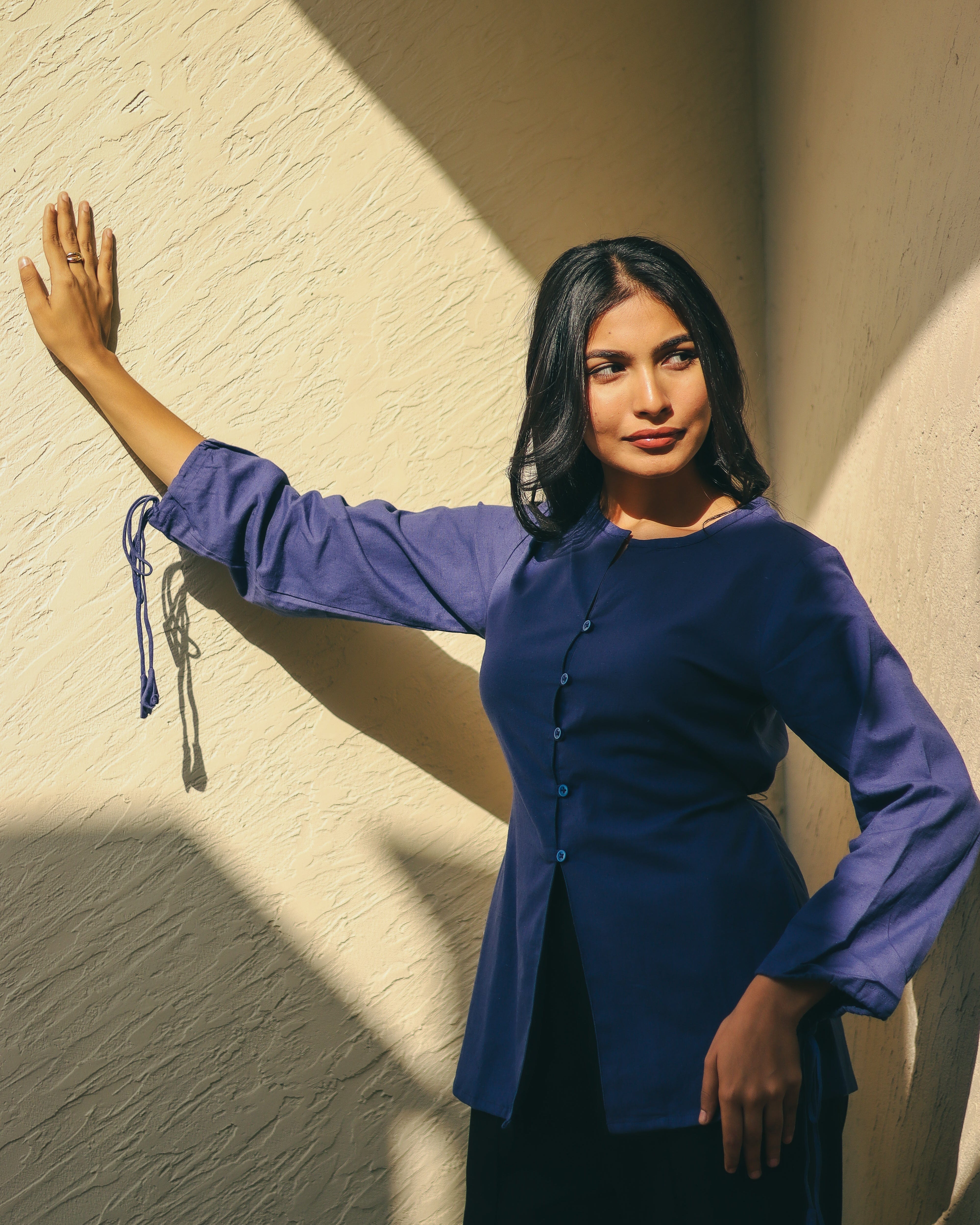 Royal Blue Button-up Tunic Top with Tassels