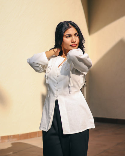 White Button-up Tunic Top with Tassels