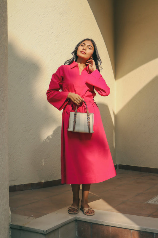 Classic Belted Tunic Dress - Hot Pink