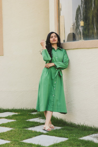 Classic Belted Shirt Dress - Sage Green