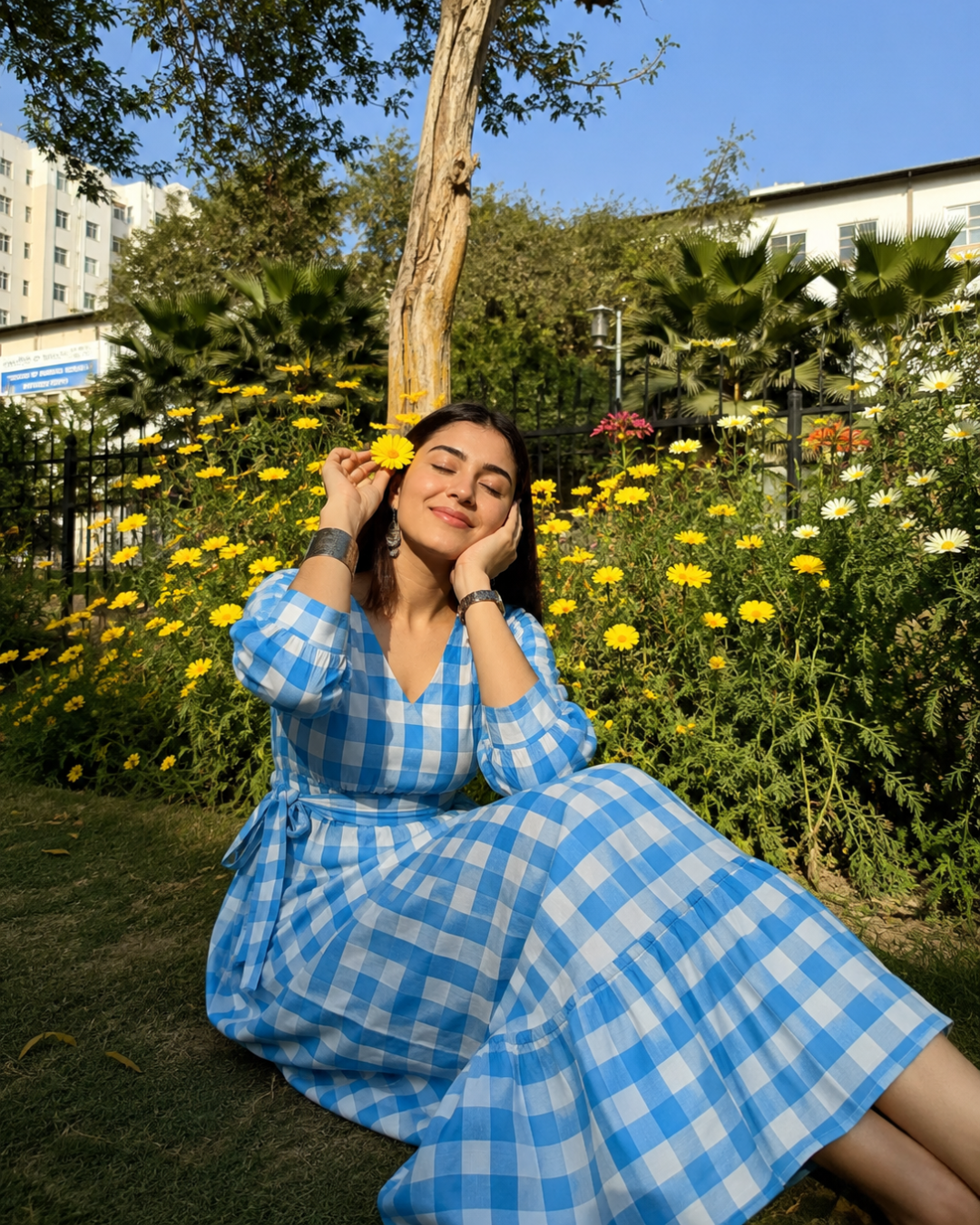 Gingham Full Dress - Blue