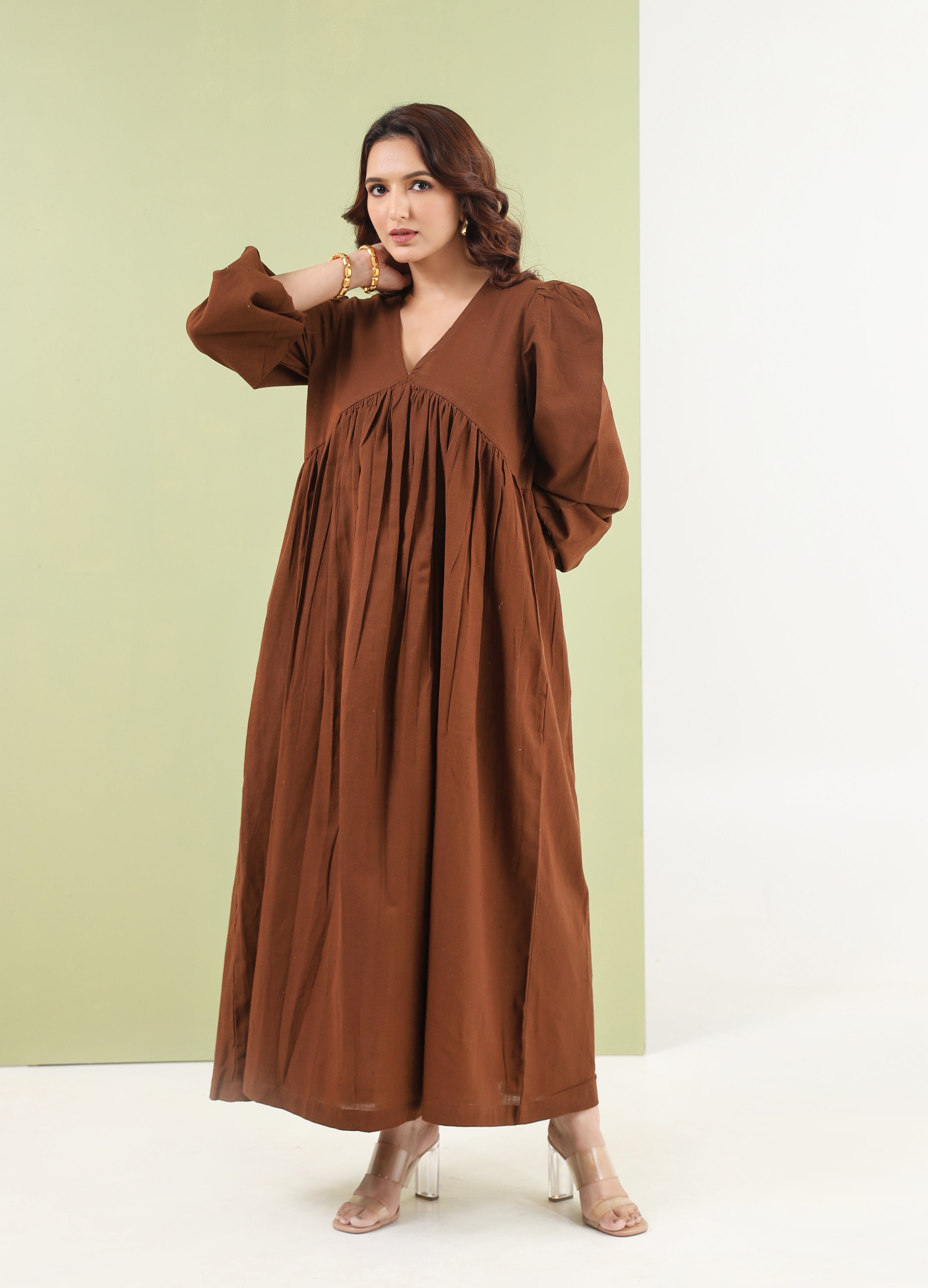 Gathered Maxi Dress - Earth Brown